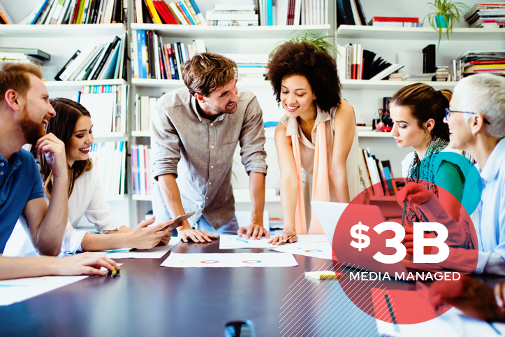 Group of business people around a table with text on top that says "$3B Media Managed"