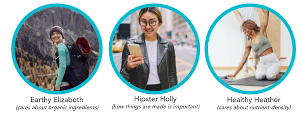3 audience examples: earth elizabeth, hipster holly, and healthy heather