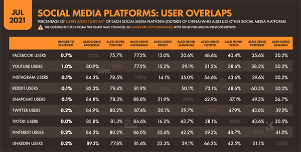 Chart showing user overlaps of social media platforms
