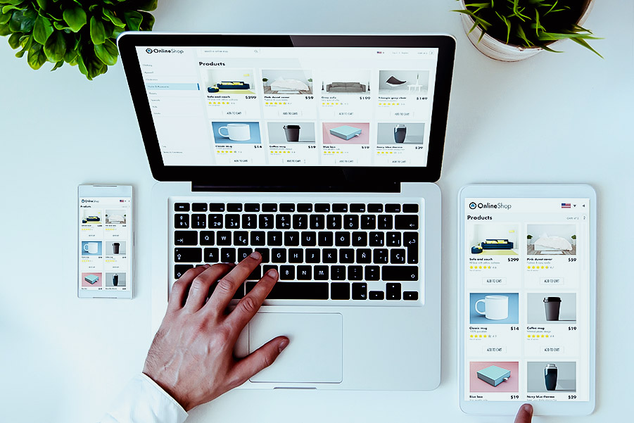 eCommerce store shown on a phone, laptop, and tablet