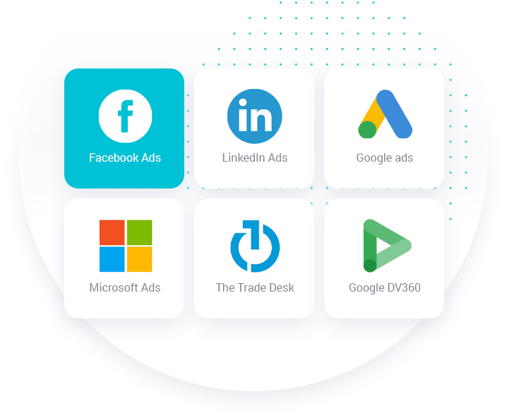 Logos of various advertising platforms including facebook, linkedin, google, microsoft, and the trade desk