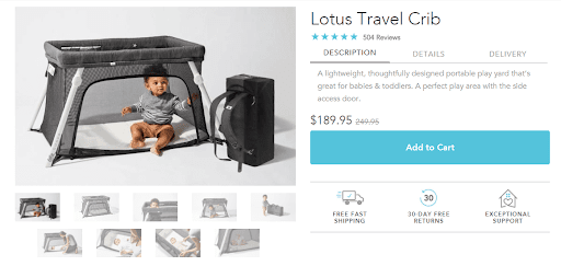 Lotus Travel Crib with pricing and information, and a picture of a baby in a crib